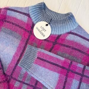 Lost + Wander Costanza Purple/Blue Plaid Fuzzy Sweater Women’s S/M NWT! $88 MSRP